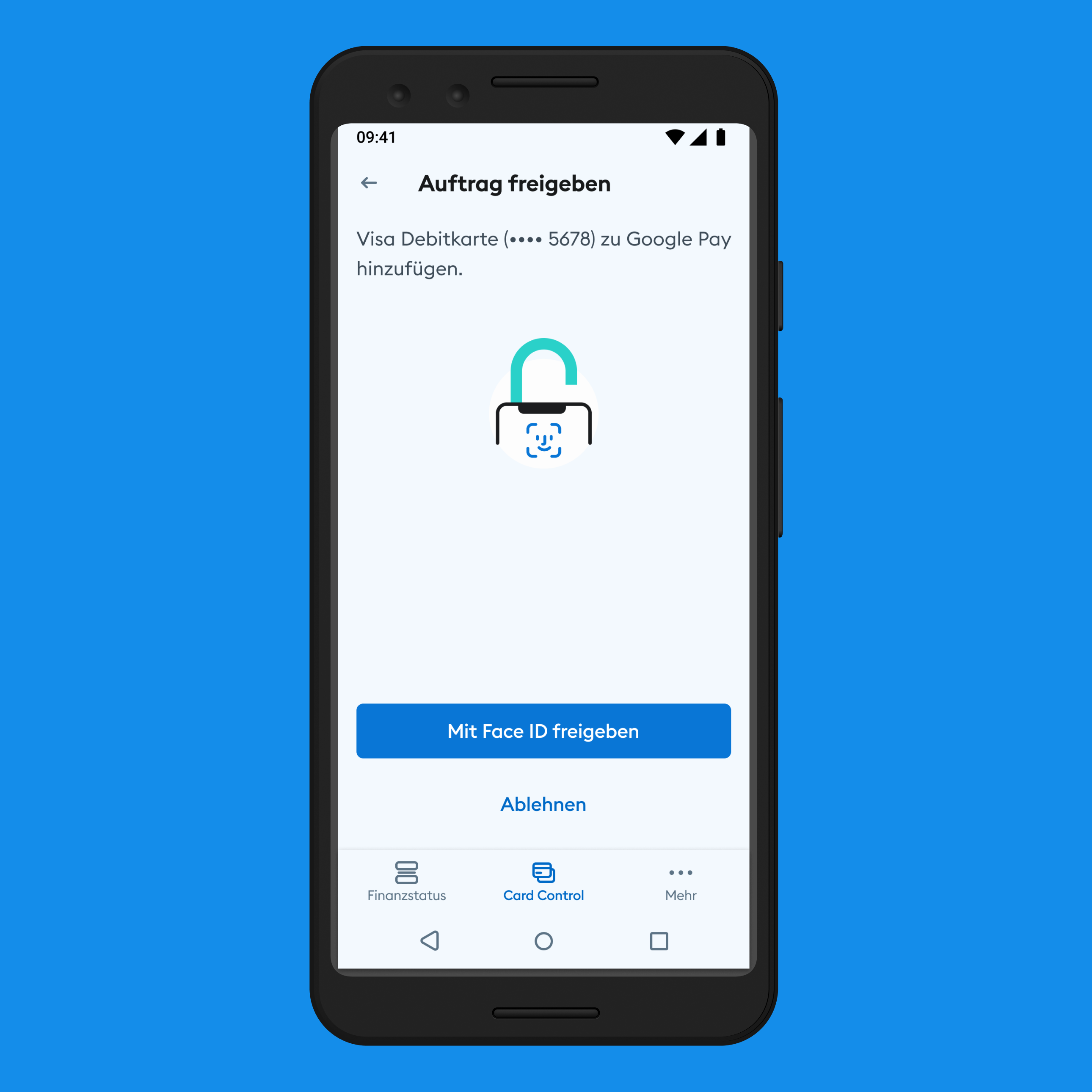 Smartphone zeigt Meldung in der DKB App, dass der Auftrag, die Visa Debitkarte zu Google Pay hinzuzufügen, per Face ID freigegeben werden kann.
