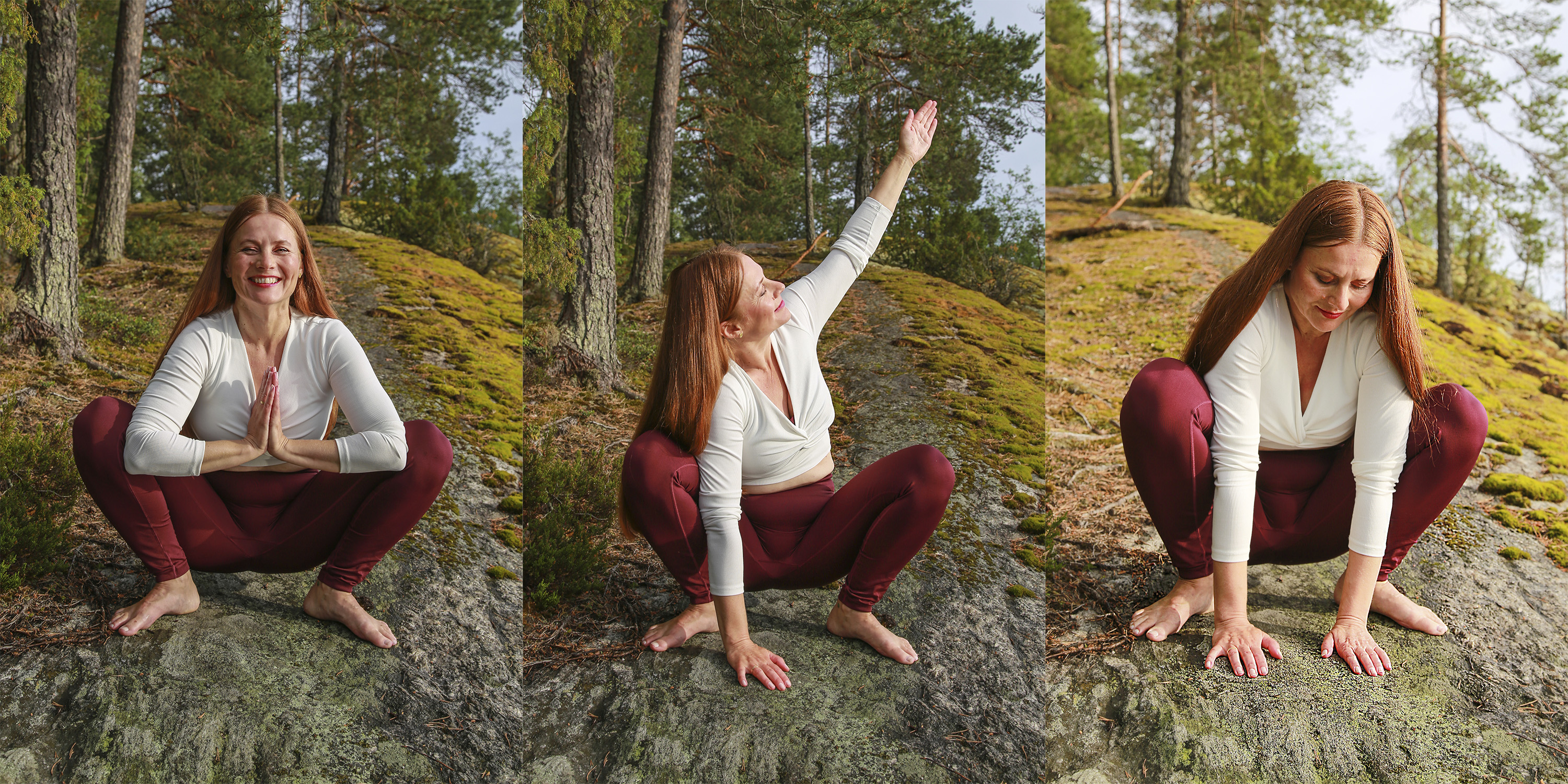 Ensimmäisessä kuvassa nainen on kyykyssä, kämmäenet vastakkain. TOisessa kuvassa toinen käsi on maata vasten, toinen kurottaa ylös. Kolmannessa kummatkin kädet ovat maata vasten.