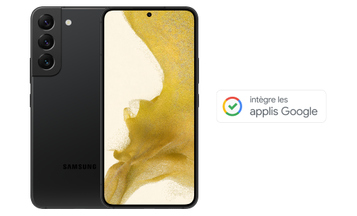 Back and front view of a Samsung Galaxy S22 smartphone in Phantom Black colour that comes with Google apps.