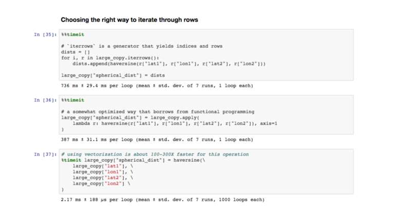 The image headline is “Choosing the right way to iterate through rows. There are three code blocks below the headline. The first shows ‘iterrows,’ a generator that yields indices and rows. The second code block shows what is described as “a somewhat optimized way that borrows from functional programming” and the third code block shows a method for using vectorization that is about 100 to 300 times faster for this operation.