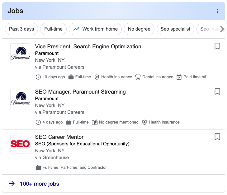 Screenshot of SEO jobs module in Google search result