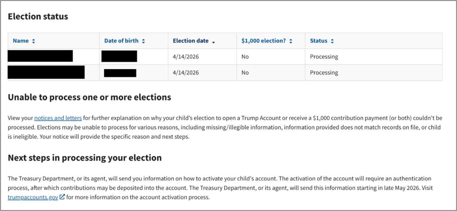 Trump Account Election status
