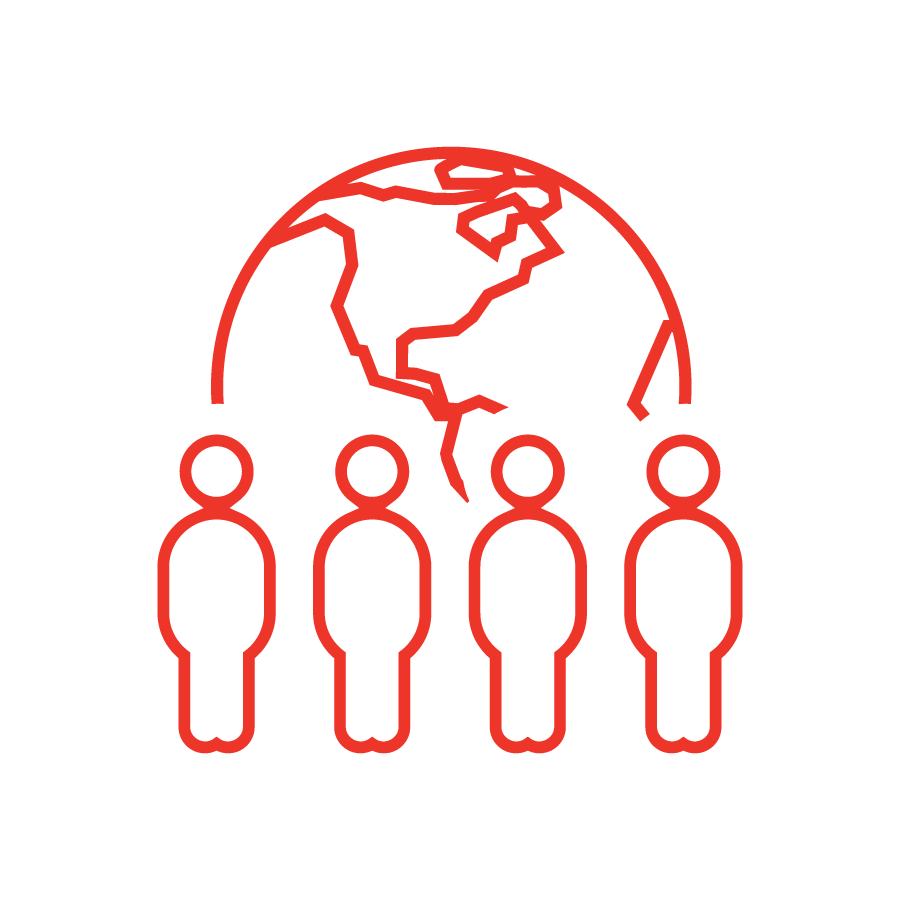 Icono rojo de 4 personas y el planeta tierra de fondo
