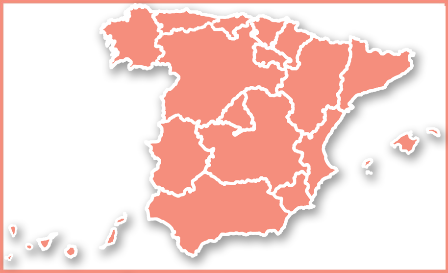 Dibujo del mapa de España, en rosa, con una línea blanca separando la delimitación política de cada Comunidad Autónoma, incluidos los archipiélagos