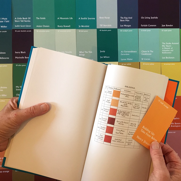 Image credit: Colour matching print samples for The People’s Library with Werner’s Nomenclature of Colours. 2018. A Published Event.