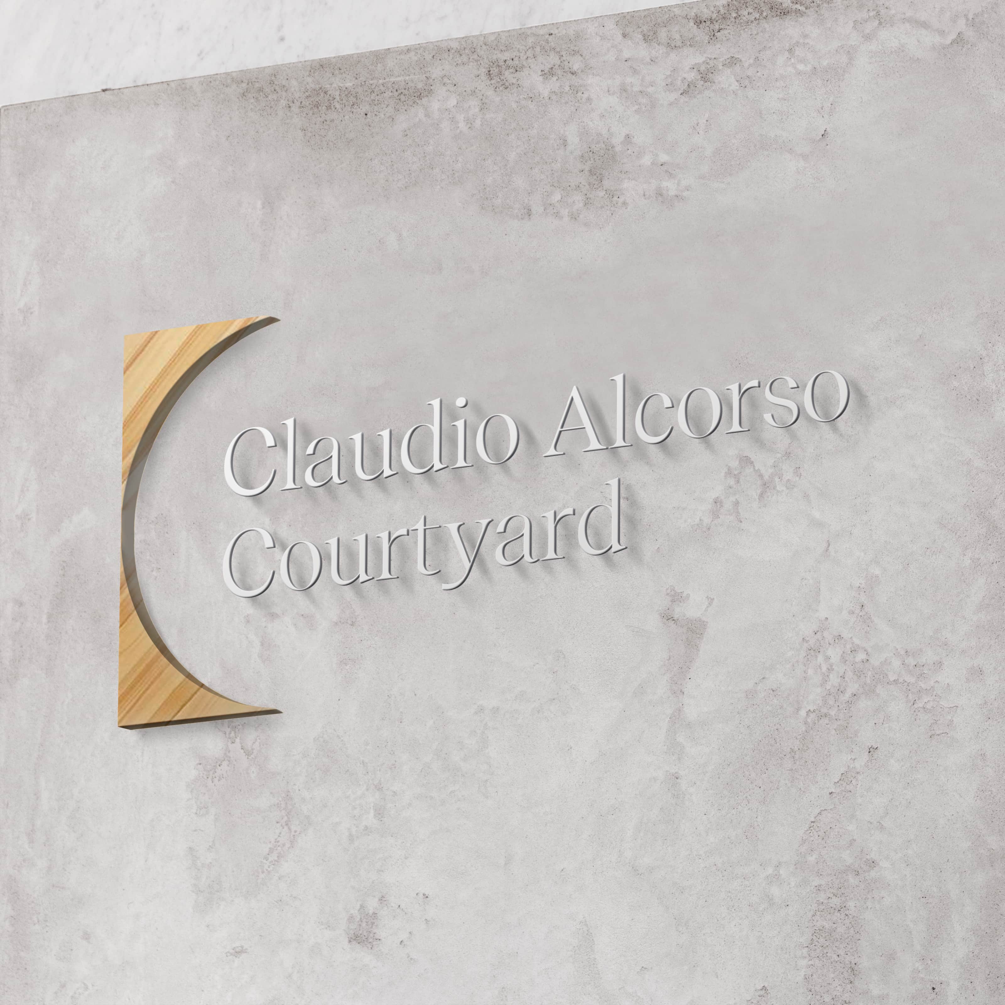 Sandstone and aluminium signage mockup for the Claudio Alcorso Courtyard. 