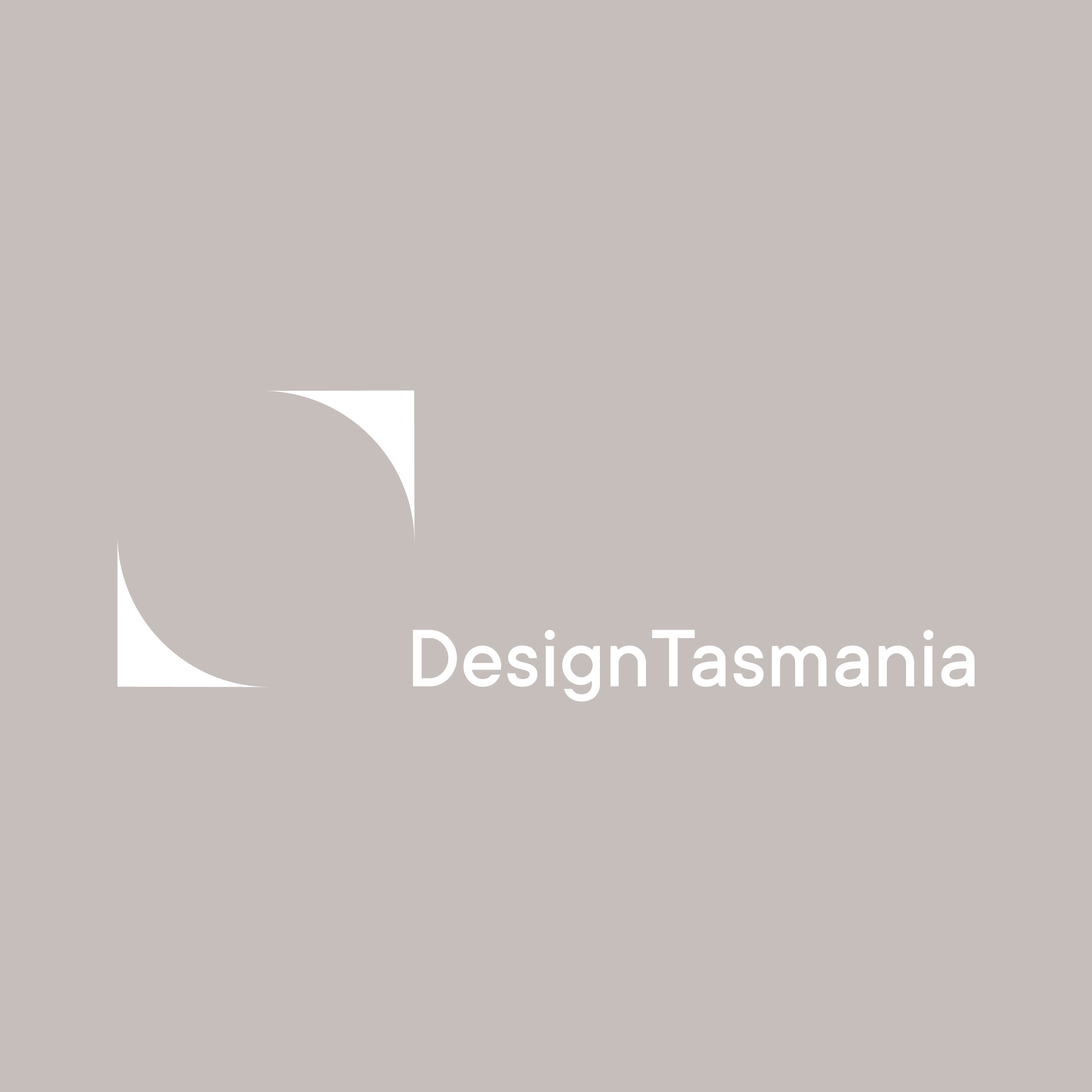 White geometric logo featuring the words 'Design Tasmania' and two triangles framing a circle to form a square. 