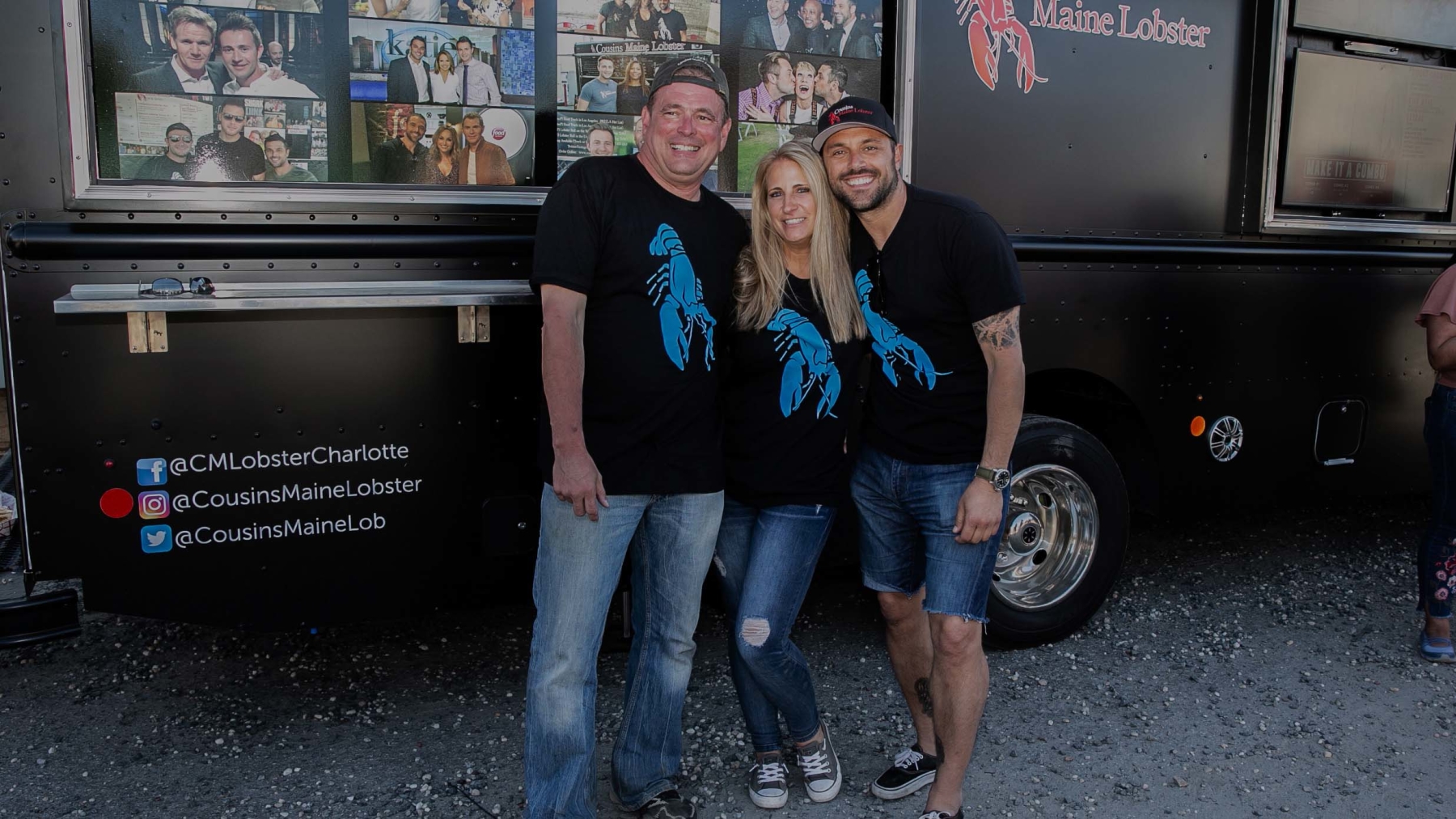 A photo of Cousins Maine Lobster founder, Sabin, with Charlotte franchise owners.