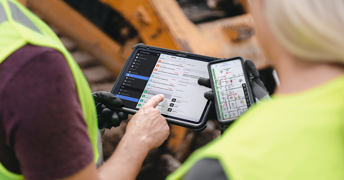 Workers in the field using Fieldwire on a phone and a tablet to communicate and manage workflows.