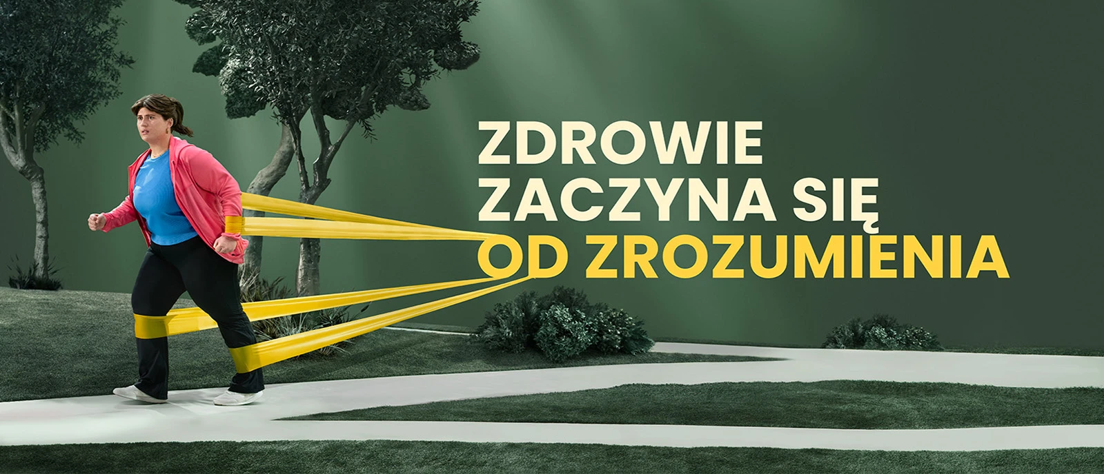 Kobieta z otyłością, którą opaski oporowe zatrzymują w miejscu oraz napis „zdrowie zaczyna się od zrozumienia”