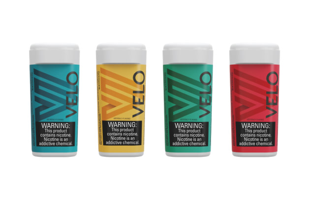 Packaging for VELO hard nicotine lozenges in Mint, Crema, Dark Mint and Berry flavors.