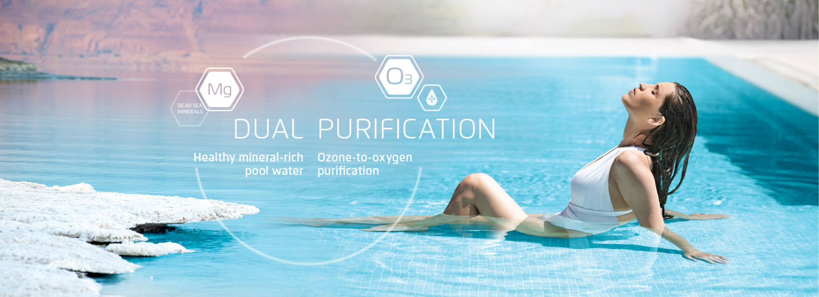 Dual purification healthy mineral-rich pool water and ozone-to-oxygen purification
