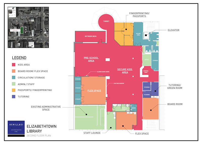 Elizabethtown Library Second Floor Plan, Feasibility Study Colored Floor Plan