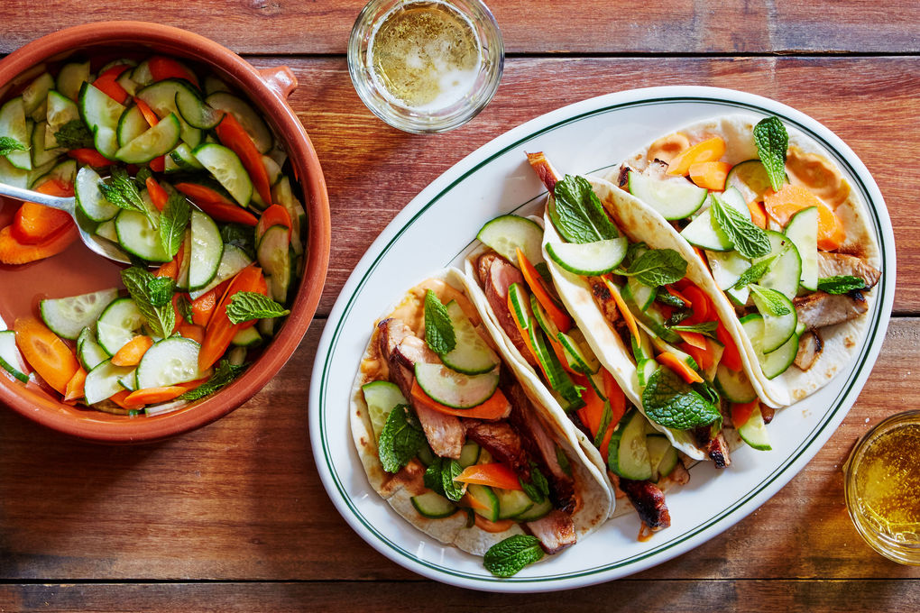 Pork Banh Mi Tacos with Spicy Chili Mayo and Mint