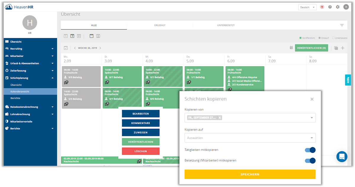 Plan your shifts in HeavenHR Shift Planning directly in the calendar and copy whole shift plans.
