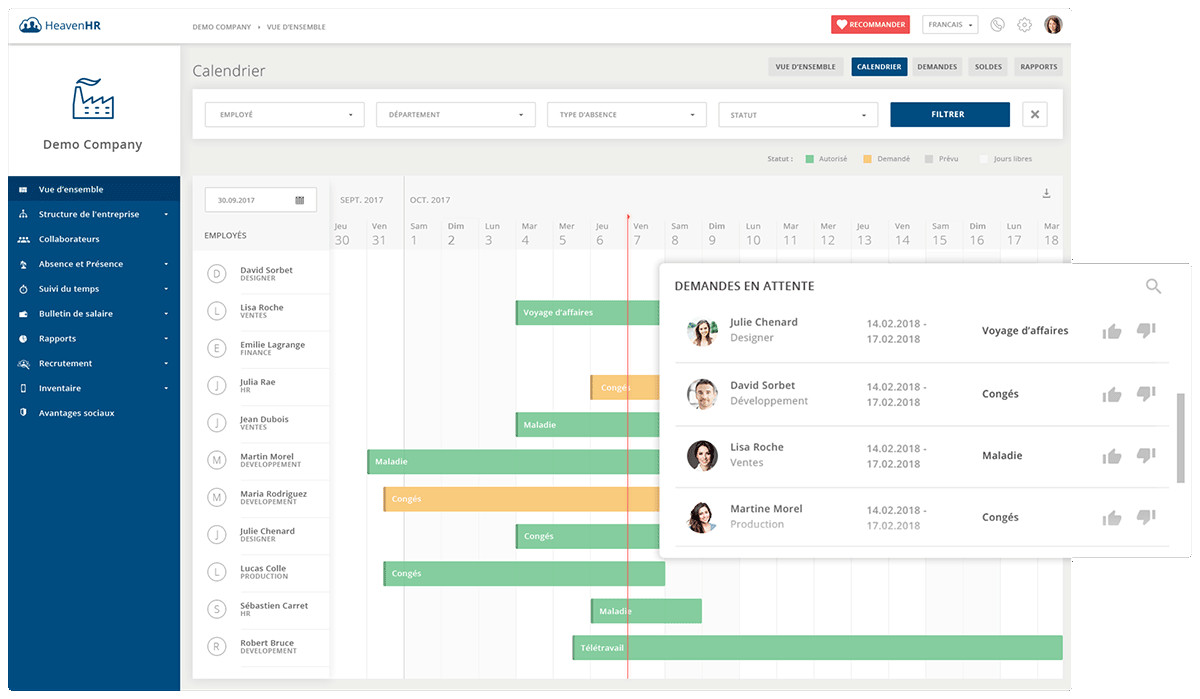 HeavenHR permet une planifiaction sereine de ses vacances grâce à sa vue calendaire.