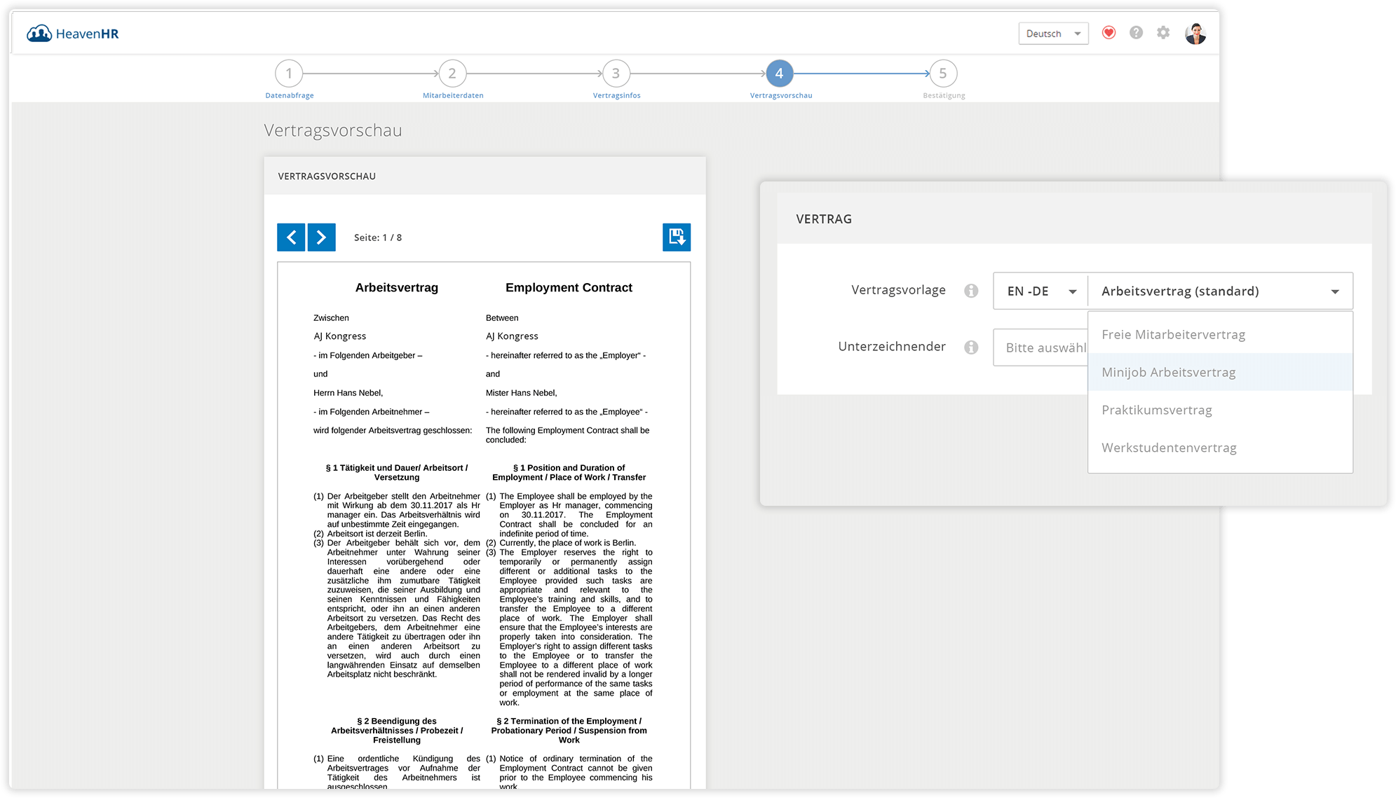 Die Dokumentenverwaltung besitzt mehrere Kategorien und kann sowohl mit individuellen oder vorgegeben Verträgen befüllt werden.