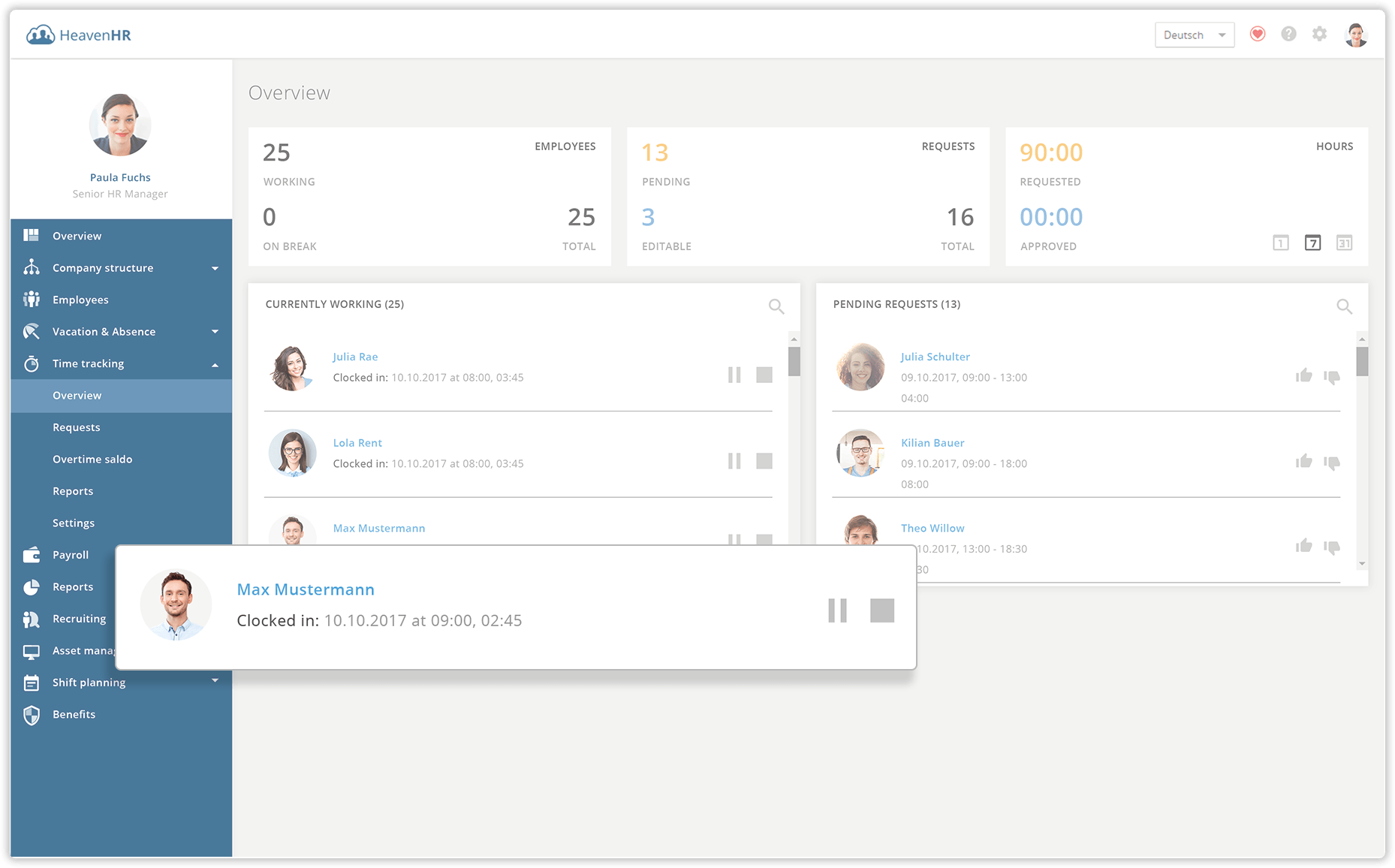 With the live time tracking you are always aware who is working at the moment.