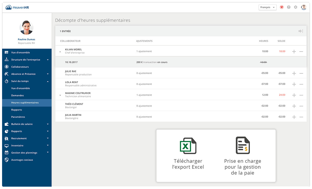 La solution de gestion de l'admnistration HeavenHR permet de traiter facilement les heures supplémentaires.