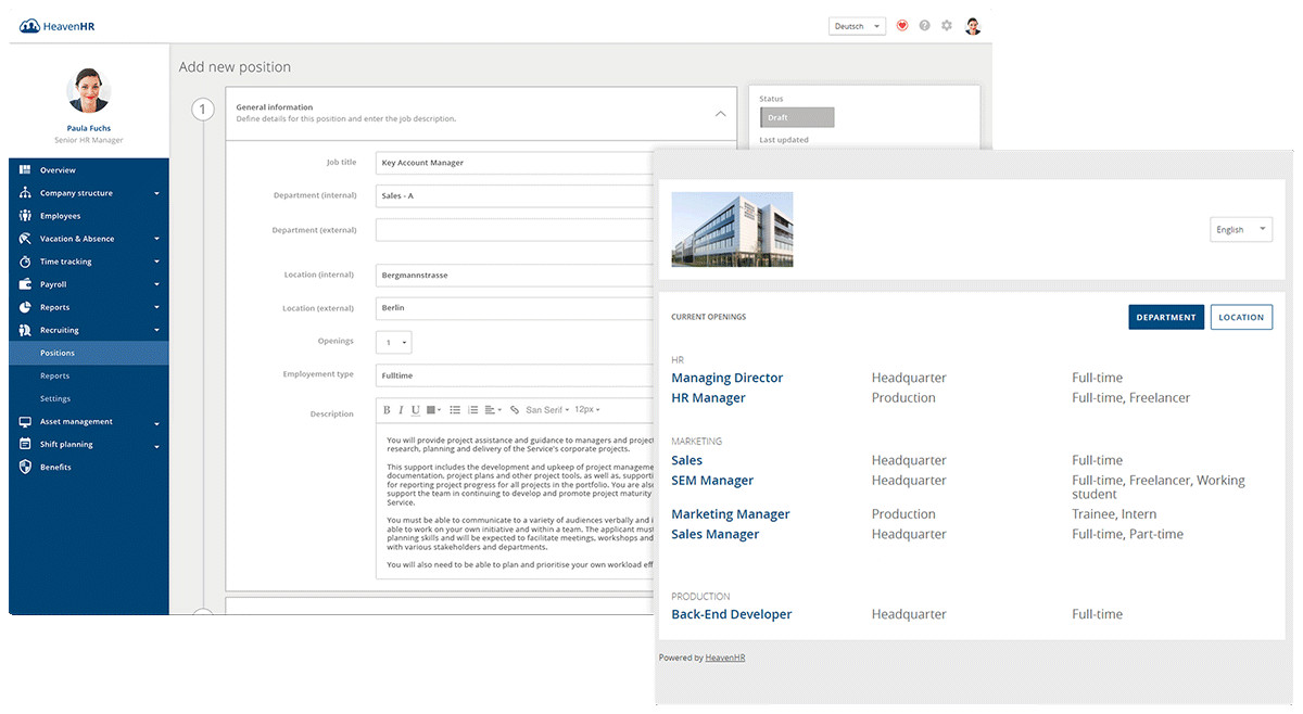With the recruiting module you can create quick and easy vacancy adverts.