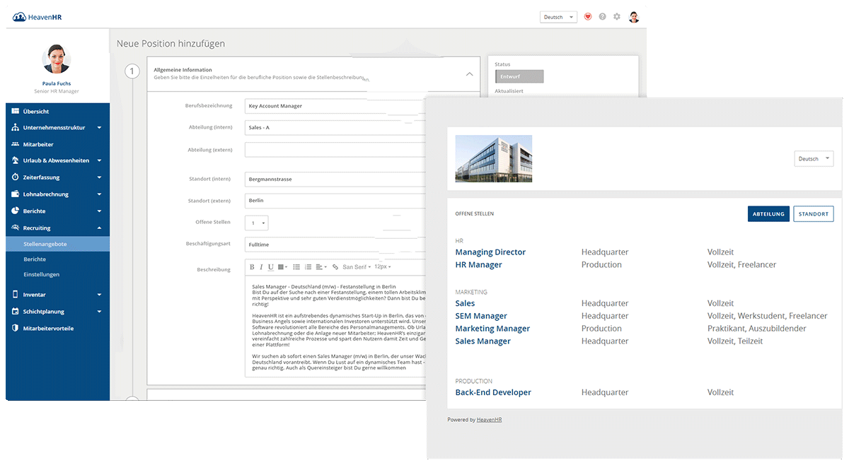 Mit der Stellenangebot-Funktion können schnell und einfach Stellenanzeigen veröffentlicht werden