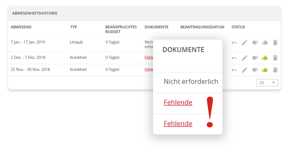 Einfache Übersicht der Urlaubsanträge, diese können online beantragt, angenommen und abgelehnt werden.