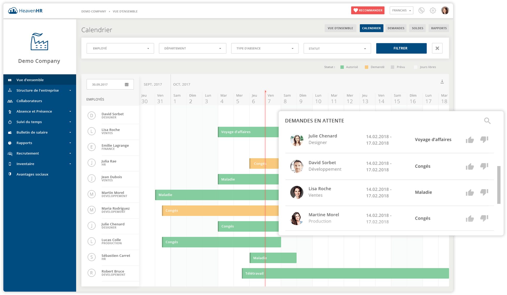 HeavenHR permet une planifiaction sereine de ses vacances grâce à sa vue calendaire.