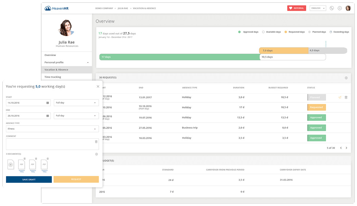 The absence management tool also helps you to coordinate and process the vacation requests.