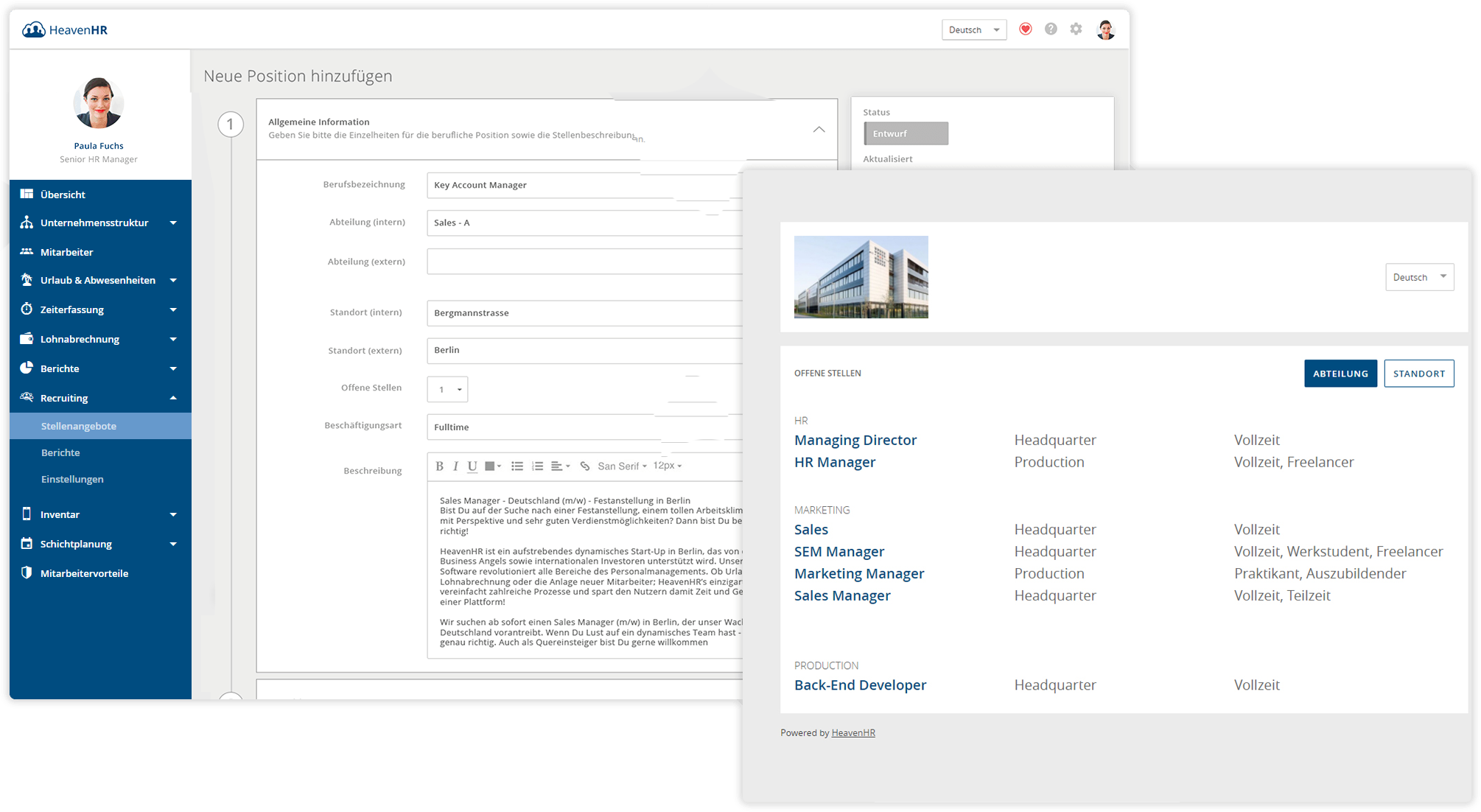 Mit der Stellenangebot-Funktion können schnell und einfach Stellenanzeigen veröffentlicht werden