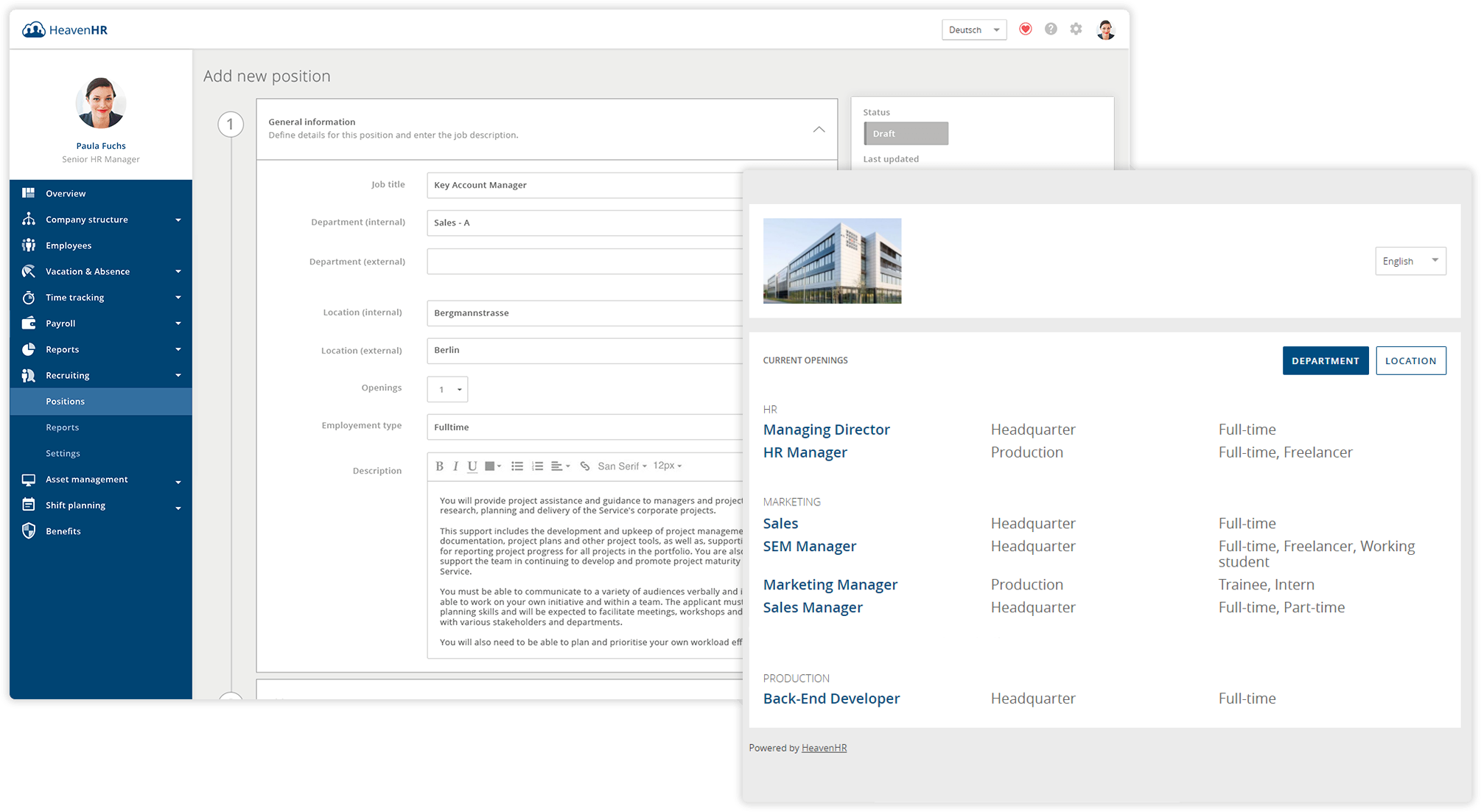 With the recruiting module you can create quick and easy vacancy adverts.