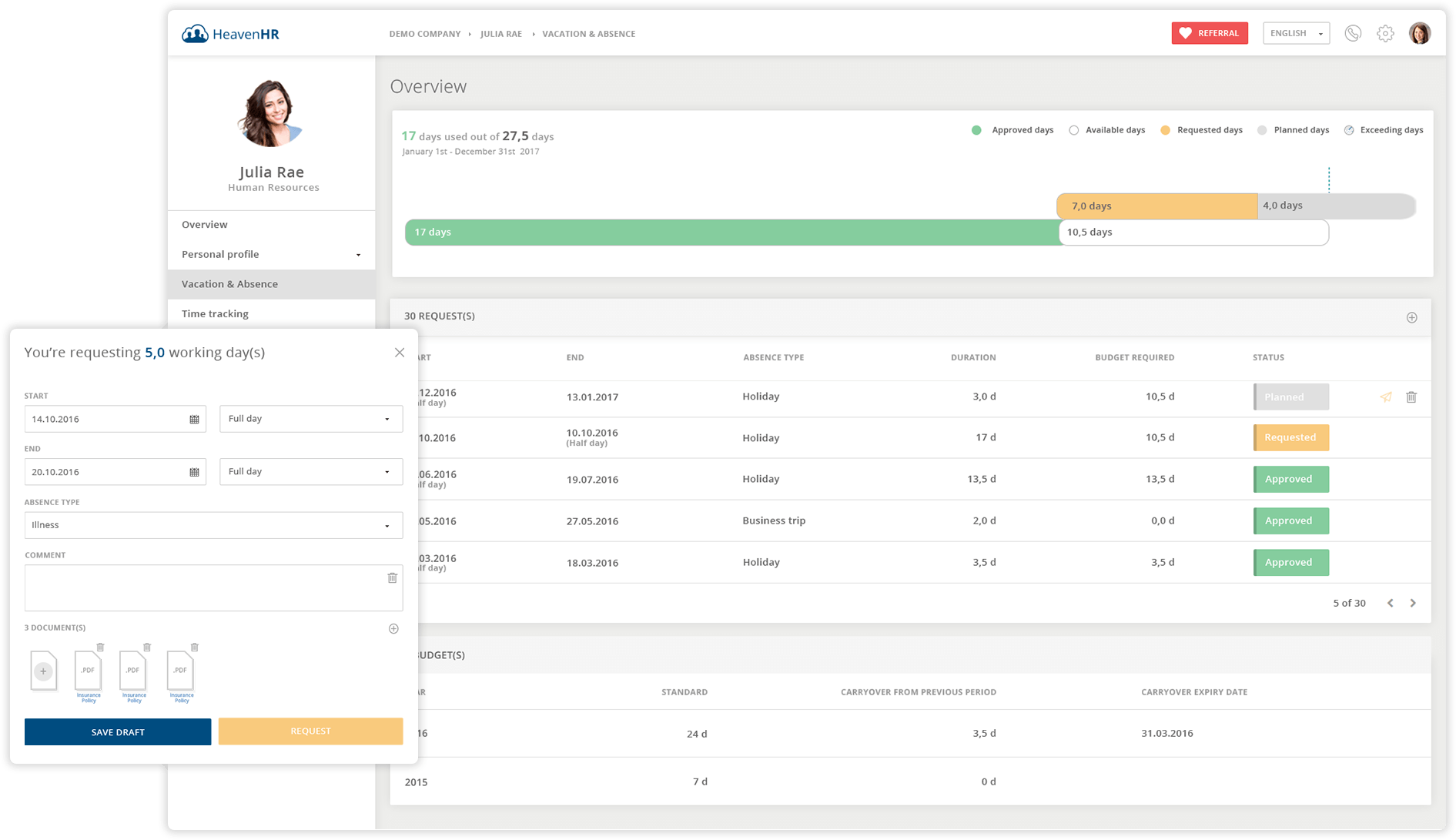 The absence management tool also helps you to coordinate and process the vacation requests.