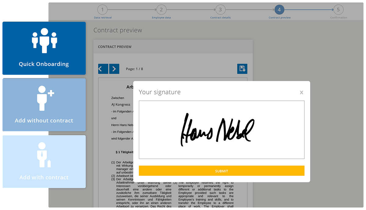 You can either use pre-made contracts or uploads your personal ones. They can be signed digitally. or a signature can be uploaded.