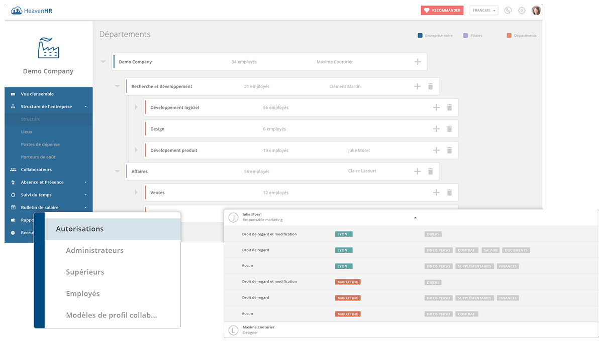 Chaque entreprise peut retrouver sa structure dans le logiciel HeavenHR.