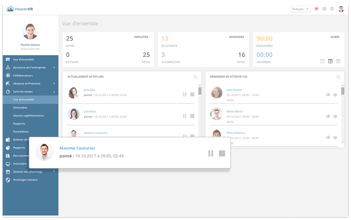 Le logiciel RH HeavenHR permet de suivre en temps réel les heures de travail des collaborateurs.
