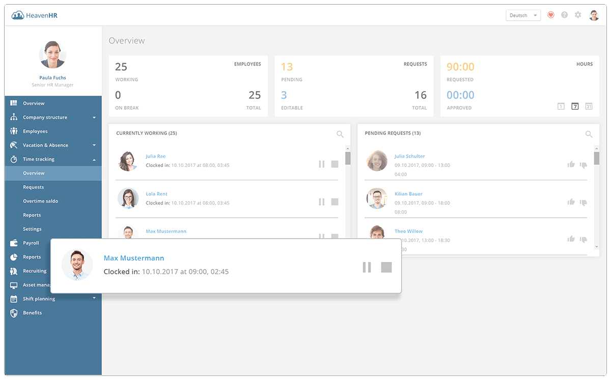 With the live time tracking you are always aware who is working at the moment.