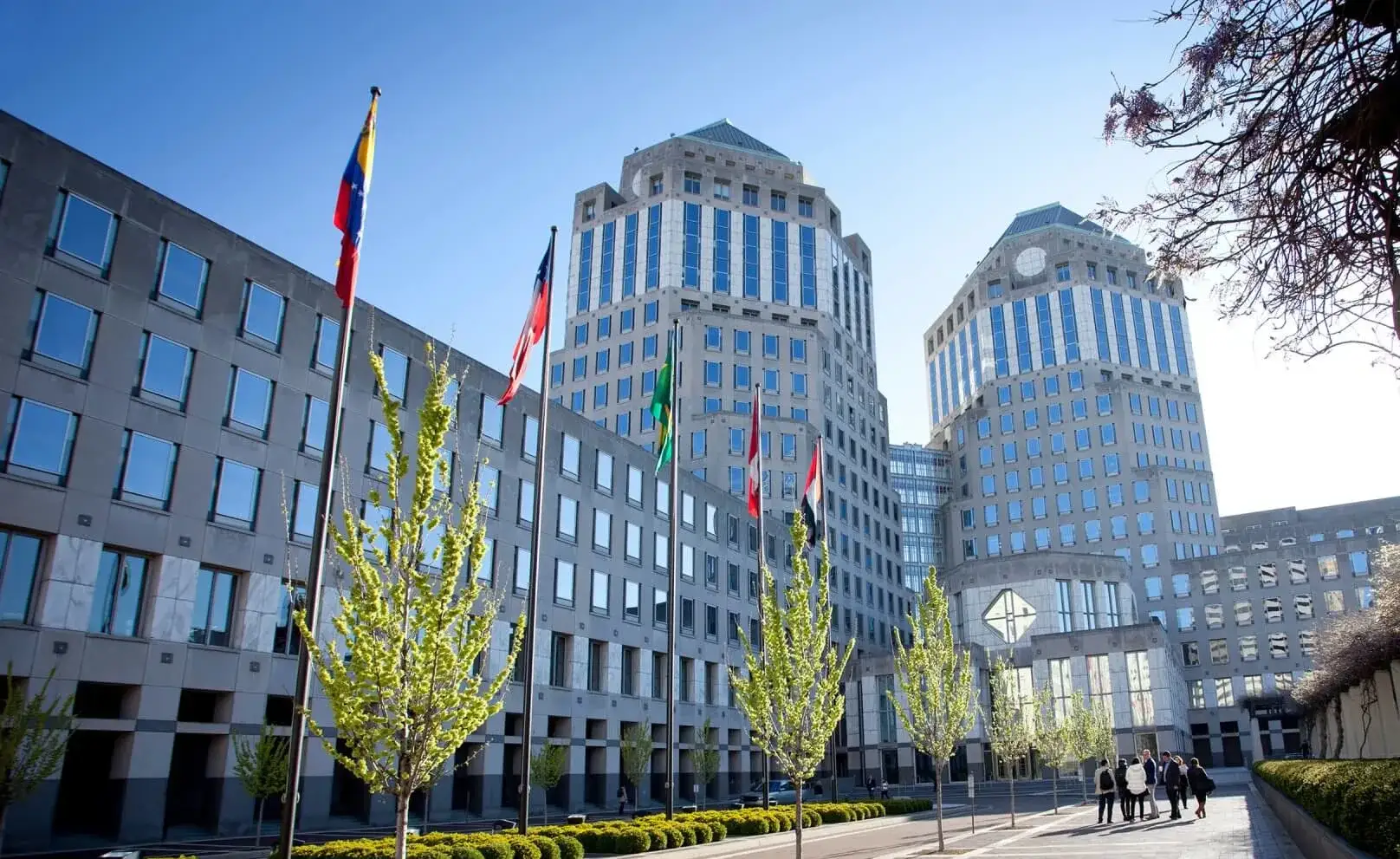 Complex modern de clădiri de birouri, cu mai multe steaguri și o alee amenajată în față.