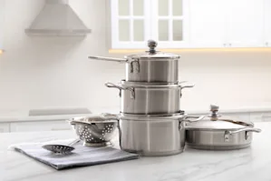 Pots and pans stacked together on a counter