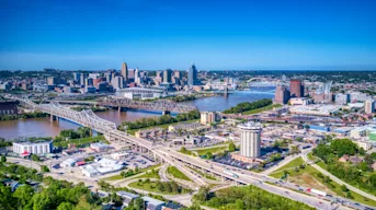 Aerial view of Covington, KY with bridges crossing over the river