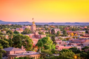 Skyline view of Santa Fe, NM at dusk