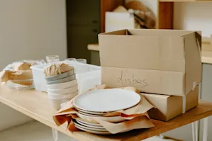 dishes and boxes on a table