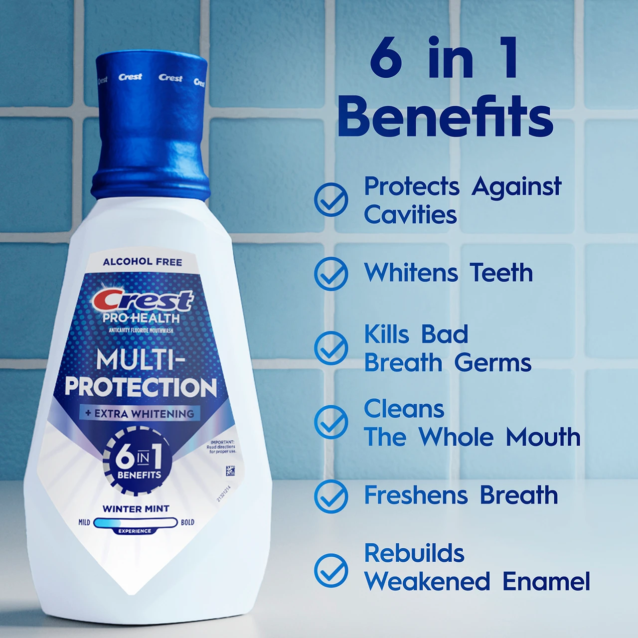 6 in 1 benefits. Protects against cavities. Whitens teeth. Kills bad breath germs. Cleans the whole mouth. Freshens breath. Rebuilds weakened enamel