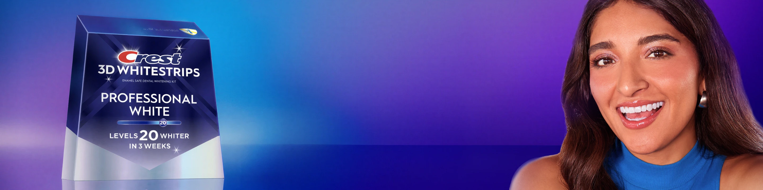 Crest 3D Whitestrips package and woman smiling against a gradient background