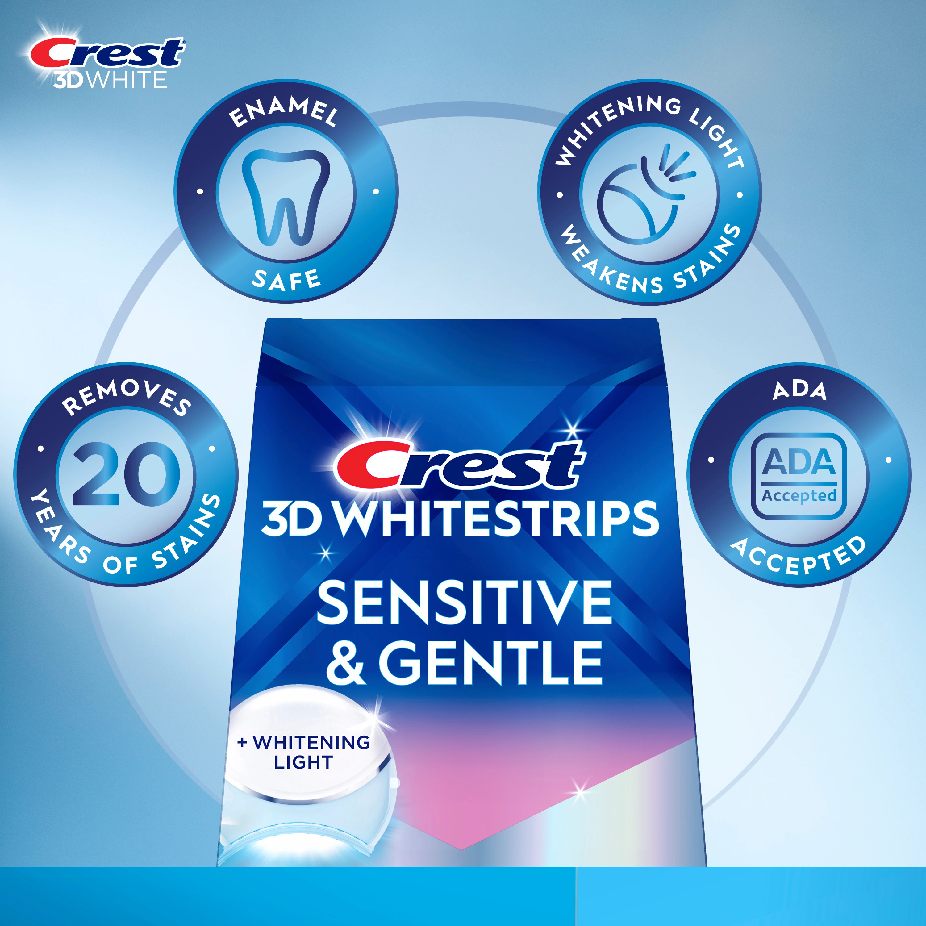 Removes 20 years of stains, enamel safe, whitening light, weakens stains, ADA accepted
