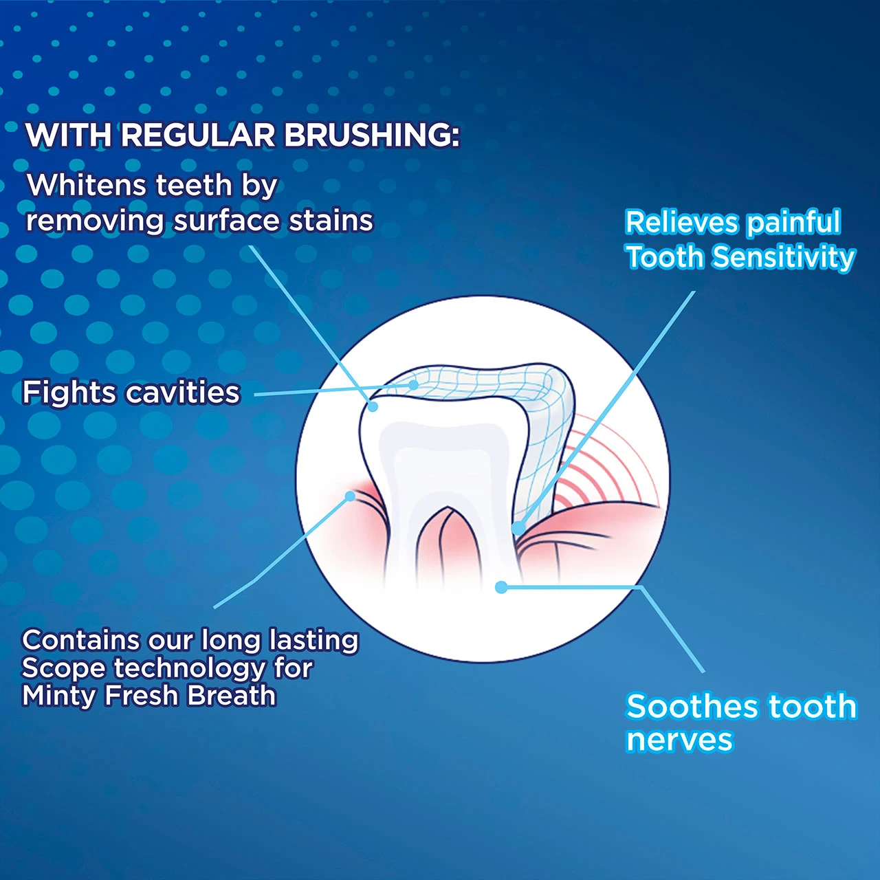 With regular brushing: Whitens teeth by removing surface stains, Fights cavities, Relieves painful tooth sensitivity, soothes tooth nerves, contains our long lasting scope technology for Minty Fresh Breath.