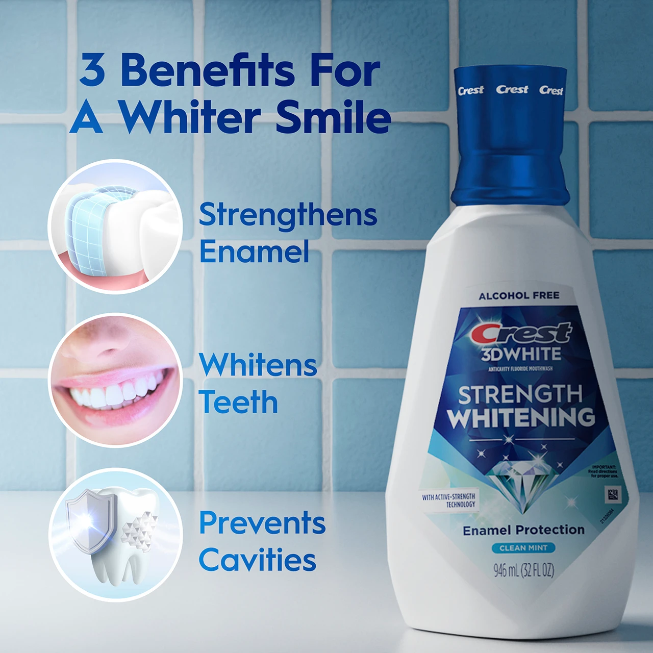 3 Benefits for a whiter smile. Strengthens Enamel. Whitens teeth. Prevents cavities