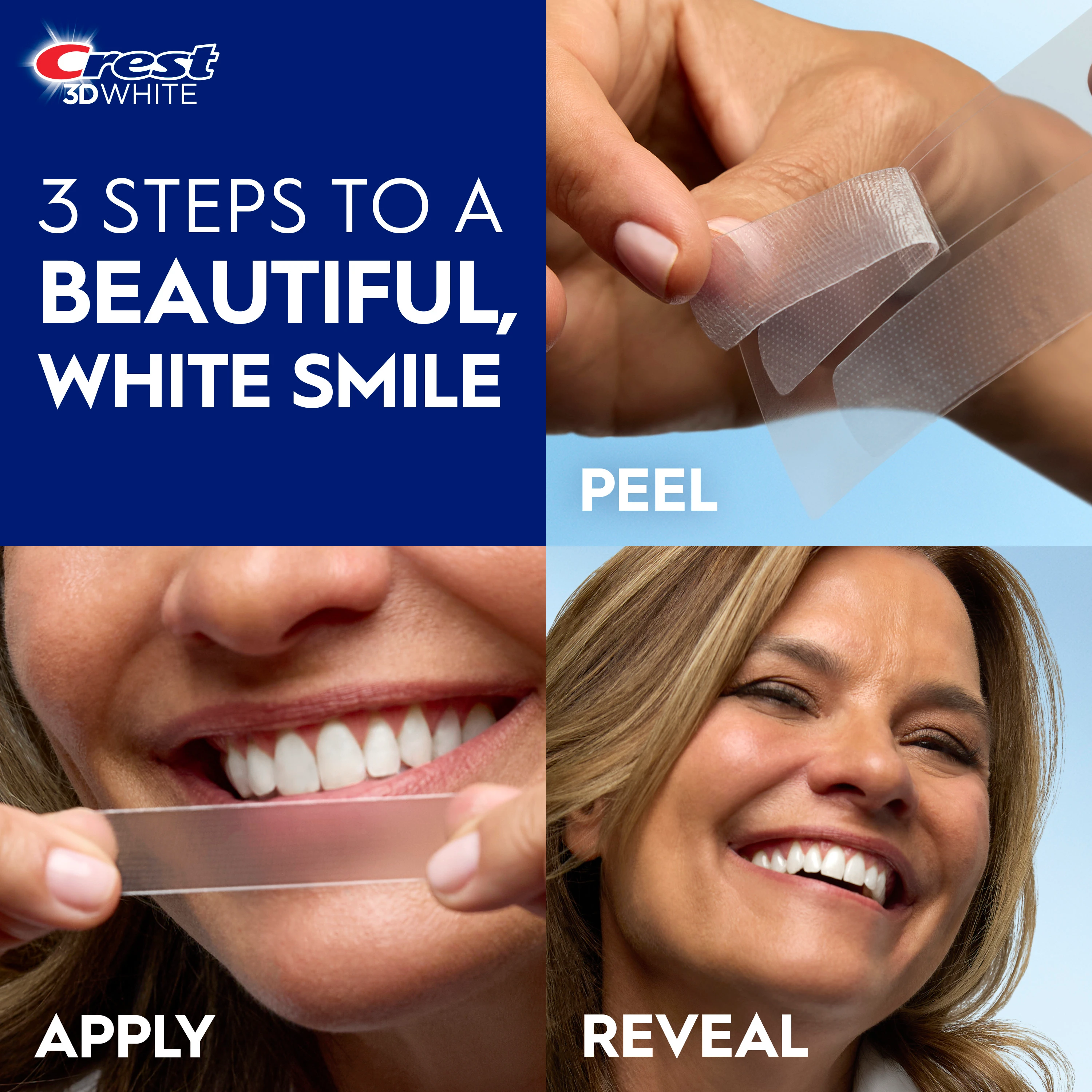 3 steps to a beautiful, white smile. Peel, apply and reveal