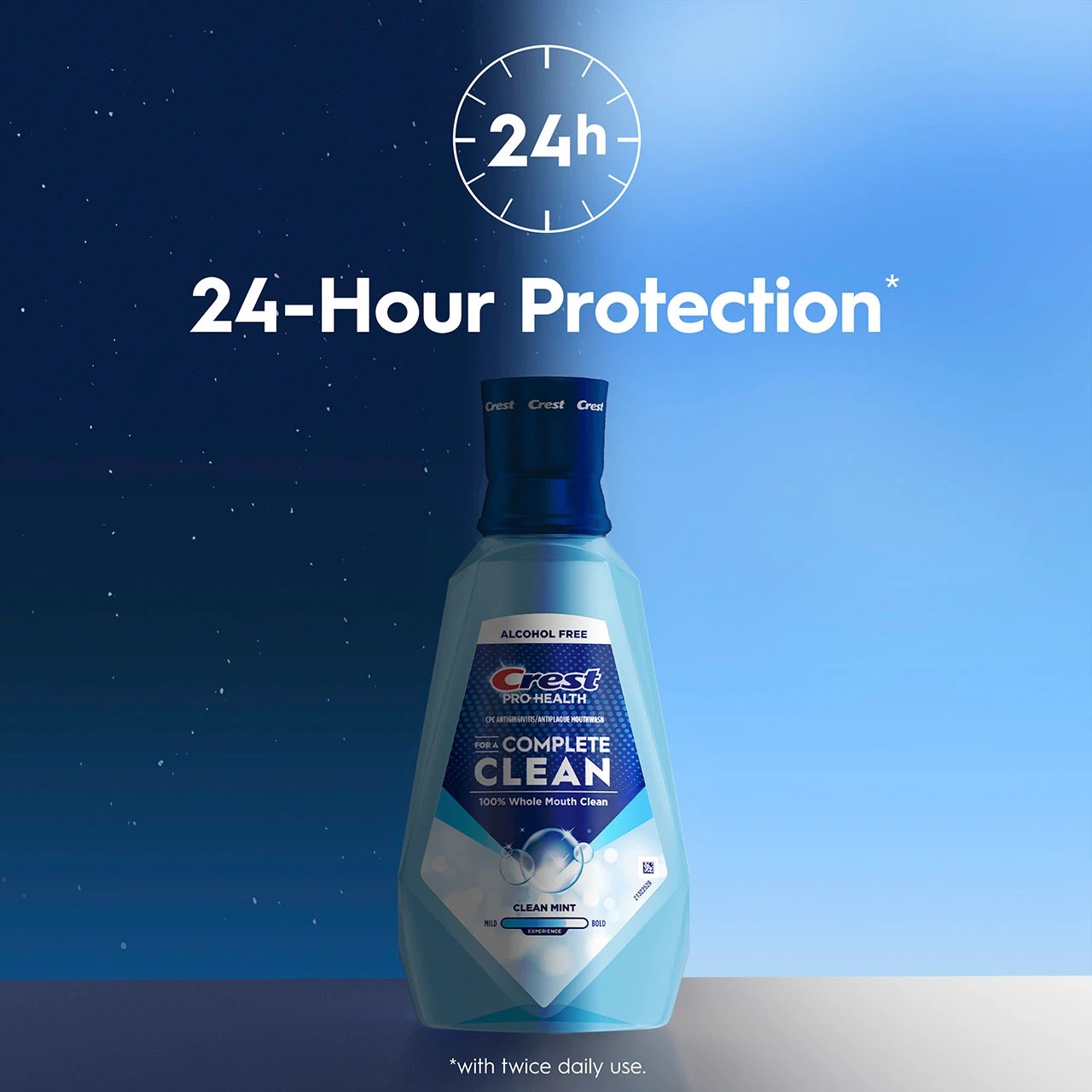 Crest Pro‑Health Clean Mint mouthwash bottle with text ‘24‑Hour Protection’ over a split day/night blue background.