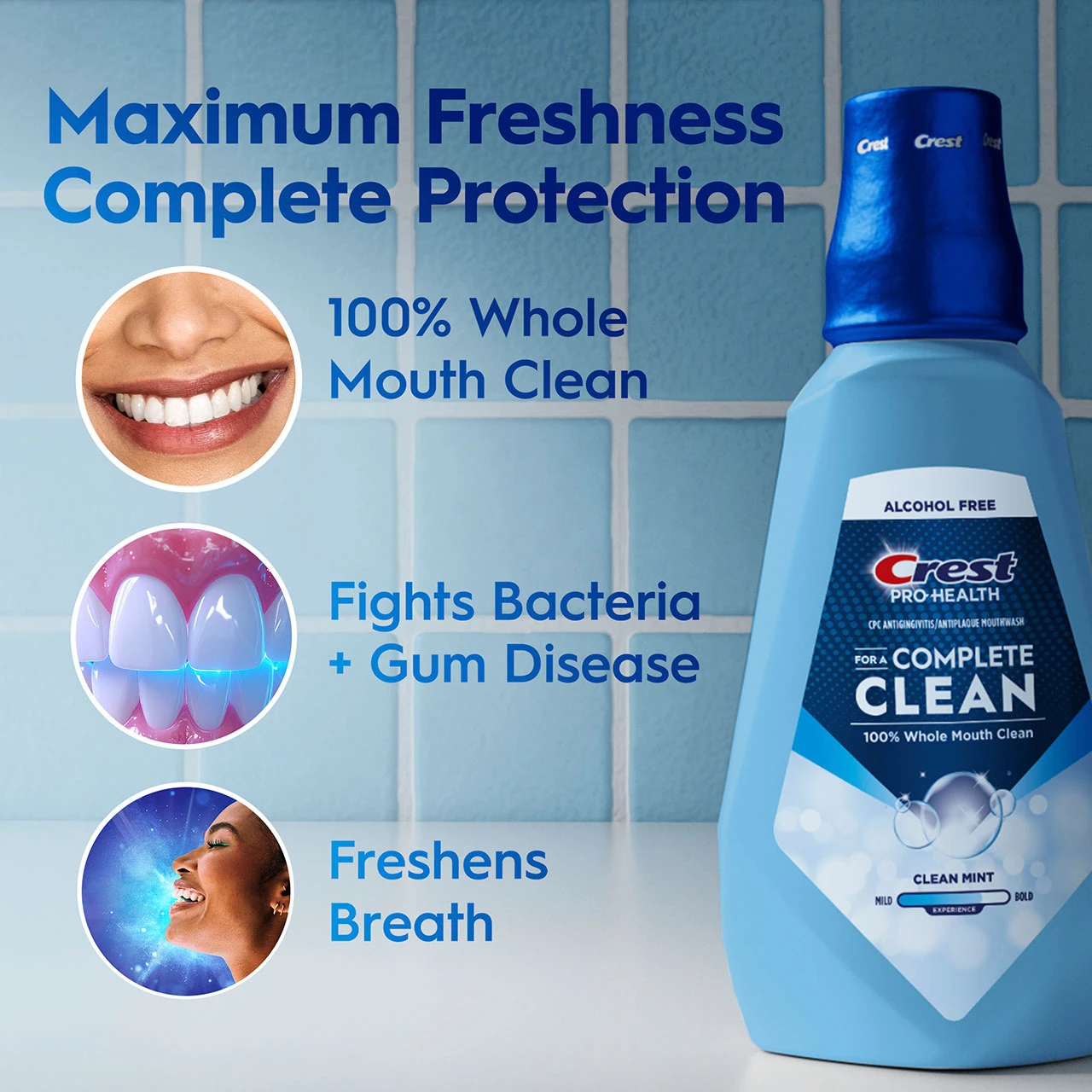 Crest Pro‑Health mouthwash bottle with headline Maximum Freshness Complete Protection’ and icons indicating whole‑mouth clean, fights bacteria/gum disease, and freshens breath.