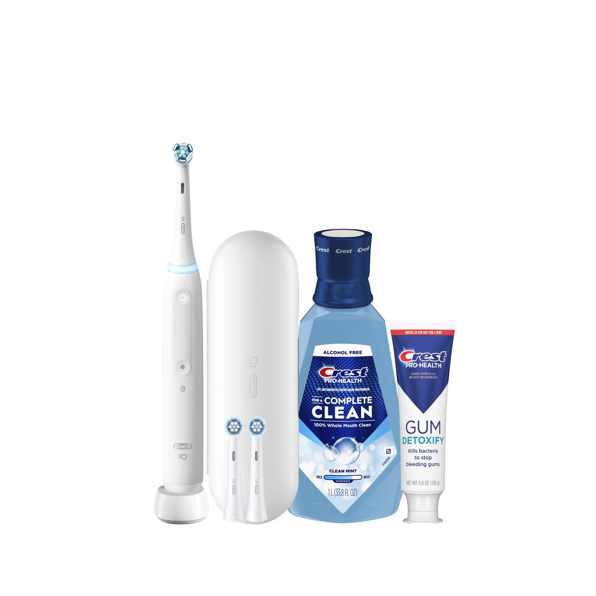 Gum Care Bundle includes: iO4 electric toothbrush, 2 brush heads, Clean Mint mouthwash, and Gum Detoxify toothpaste