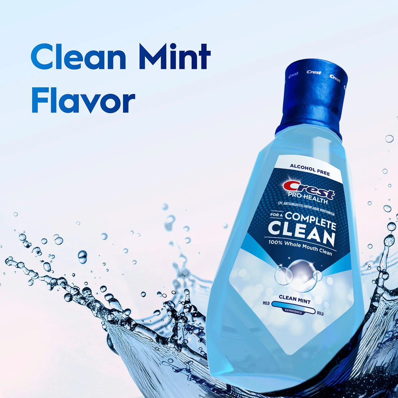 Crest Pro‑Health Clean Mint mouthwash bottle with water splash and text ‘Clean Mint Flavor’